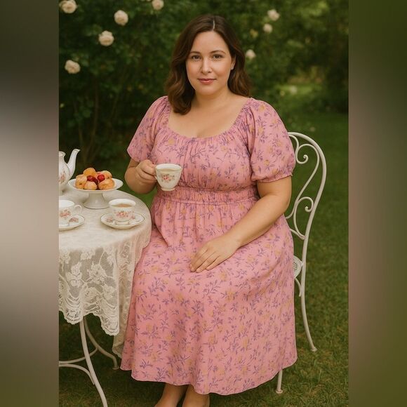 🌸 LAUREN CONRAD Conrad Pink Floral Smocked tea lenght  Midi Dress (XXL) - Picture 6 of 16